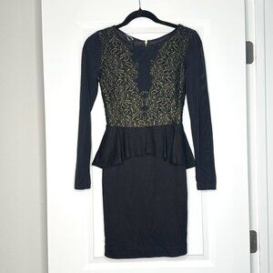 BEBE | Evening Dress w/ Sheer Sleeves | Black and Gold |  XS